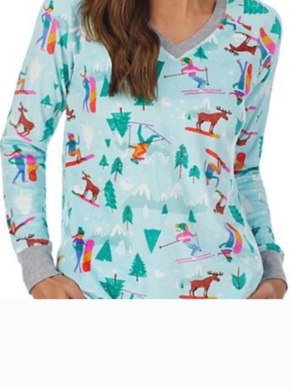 New Cuddl Duds Petite Large PL Skier Blue Velour Holiday Pajama Top NWT